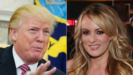 A gauche, le président américain Donald Trump. A droite, l'ancienne actrice de films pornographiques Stormy Daniels. (MANDEL NGAN / AFP)