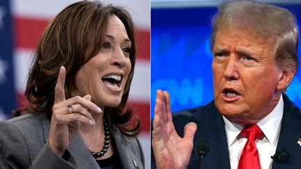 Kamala Harris à Raleigh, en Caroline du Nord, le 26 mars 2024 et Donald Trump lors du premier débat présidentiel, le 27 juin 2024, à Atlanta, en Géorgie. (BRENDAN SMIALOWSKI,ANDREW CABALLERO-REYNOLDS / AFP)