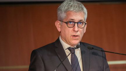 Frédéric Valletoux s'exprime lors du salon Santexpo, porte de Versailles à Paris, le 9 novembre 2021. (LUC NOBOUT / MAXPPP)