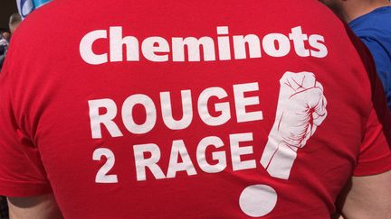 Un cheminot gréviste de dos avec un tee-shirt rouge arborant le slogan "Cheminots Rouge 2 rage !"&nbsp; (NATHALIE COL / RADIOFRANCE)