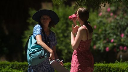 Des passantes en pleine vague de chaleur à Malaga, dans le sud de l'Espagne, le 3 août 2023. (JESUS MERIDA / ANADOLU AGENCY / AFP)