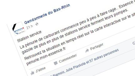 &nbsp; (Le post de la gendarmerie du Bas-Rhin sur la pénurie dans les stations alsaciennes © Capture d'écran Facebook)