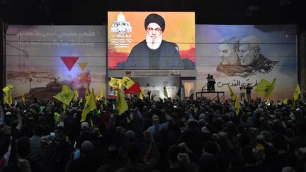 Hezbollah leader Hassan Nasrallah speaks in a speech broadcast on Lebanese television on January 3, 2024 in Beirut.  (HOUSSAM SHBARO / ANADOLU)