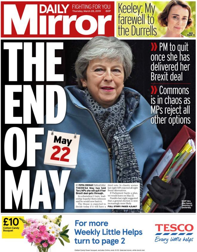 La une du "Daily Mirror", le 28 mars 2019. (DAILY MIRROR)