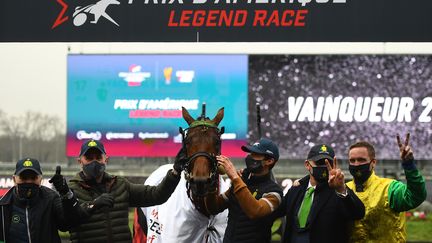 Face Time Bourbon a remporté dimanche 31 janvier 2021 son deuxième Prix d'Amérique consécutif. (CHRISTOPHE ARCHAMBAULT / AFP)