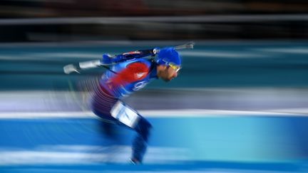 Le biathlète français Martin Fourcade en plein effort aux JO de Pyeongchang (Corée du Sud). (JONATHAN NACKSTRAND / AFP)