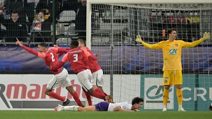 Les Rouennais ont éliminé Toulouse en 16es de finale de la Coupe de France, le 21 janvier 2024. (LOU BENOIST / AFP)