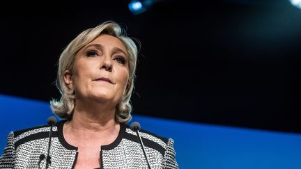 La présidente du Rassemblement national, Marine Le Pen, durant un Congrès du parti, le 1er juin 2018 à Bron (Rhône).&nbsp; (NICOLAS LIPONNE / NURPHOTO / AFP)