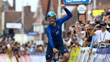 L'Italien Filippo Ganna a remporté le chrono individuel des Championnats du monde de cyclisme sur route à Bruges, dimanche 19 septembre 2021. (KURT DESPLENTER / BELGA / AFP)