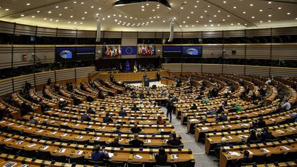 Le Parlement européen de Bruxelles (Belgique) lors d'une séance plénière, le 23 mars 2022. (VALERIA MONGELLI / HANS LUCAS / AFP)