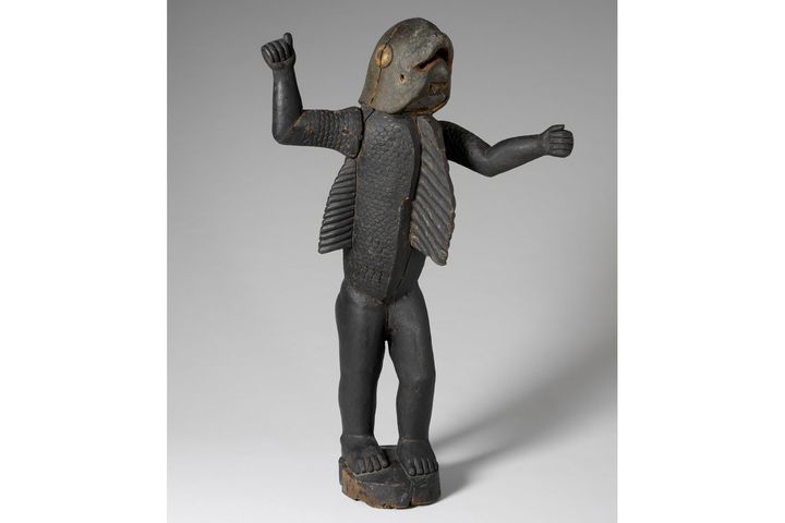 Likohin Kankanhau Sossa Dede ou Famille Houeglo, Statue royale bochio mi-homme mi-poisson du roi Béhanzin [1890-1894] Bénin, Abomey, entre 1890 et 1892 Bois, pigments, métal,&nbsp; Ancienne collection Dodds, Musée d’Éthnographie du Trocadéro, Musée de l’Homme, musée du quai Branly– Jacques Chirac (© musée du quai Branly - Jacques Chirac, photo Patrick Gries)