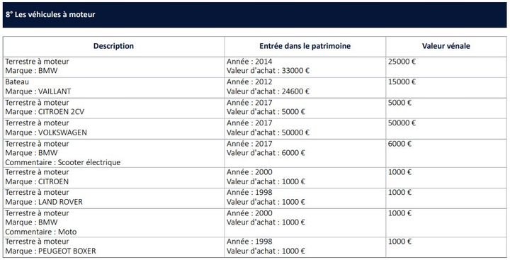 La liste des véhicules à moteur détenus par Nicolas Hulot, publiée par la Haute Autorité pour la transparence de la vie publique. (HATVP / FRANCEINFO)