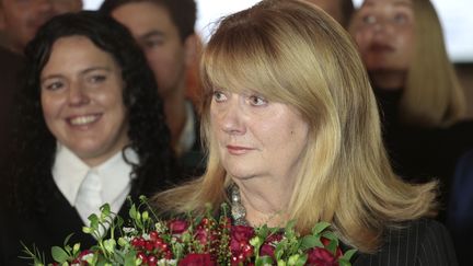 Vilija Blinkeviciute, leader du centre gauche, à Vilnius (Lituanie), lors du second tour des élections législatives du 27 octobre 2024. (PETRAS MALUKAS / AFP)