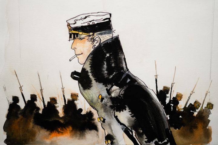 une aquarelle d'Hugo Pratt intitulée "Corto Maltese - La Giovinezza" présentée à l'inauguration de l'exposition Corto Maltese à Naples, 24 avril 2019 (ELIANO IMPERATO / CONTROLUCE)