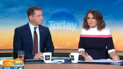 Karl Stefanovic et Lisa Wilkinson sur le plateau de l'&eacute;mission "Today" sur la cha&icirc;ne australienne Channel Nine, samedi 15 novembre 2014.&nbsp; (CHANNEL NINE )