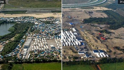 La "jungle" de Calais, avant et après son démantèlement, le 16 août et le 1er novembre 2016. (AFP)