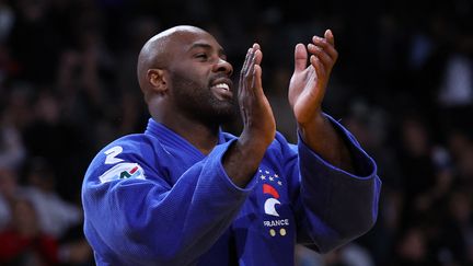 Le judoka français Teddy Riner lors de la compétition de judo Paris Grand Slam à Paris le 5 février 2023. (ANNE-CHRISTINE POUJOULAT / AFP)