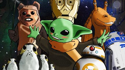 Les personnages mignons de la saga Star Wars : de gauche à droite, les Porgs, un Ewok, Baby Yoda, C3PO, BB-8, Jar Jar Binks et R2D2. (PIERRE-ALBERT JOSSERAND / FRANCEINFO)