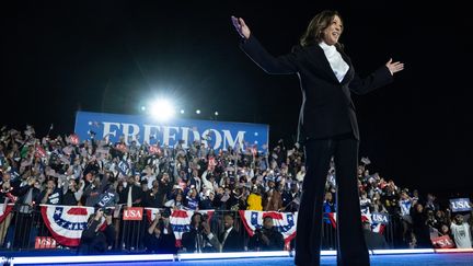 Kamala Harris salue la foule en arrivant sur une scène installée à l'Ellipse, parc situé près de la Maison Blanche, à Washington, le 29 octobre 2024. (SAUL LOEB / AFP)