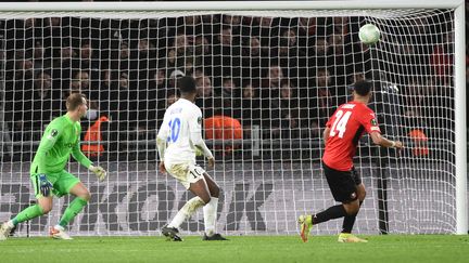 Le deuxième but rennais inscrit par Gaëtan Laborde contre le Vitesse Arnhem en Ligue Europa Conférence, jeudi 25 novembre, au Roazhon Park. (JEAN-FRANCOIS MONIER / AFP)