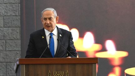 Le Premier ministre israélien, Benyamin Nétanyahou, lors d'un discours à Jérusalem, le 28 octobre 2024. (DEBBIE HILL / AFP)