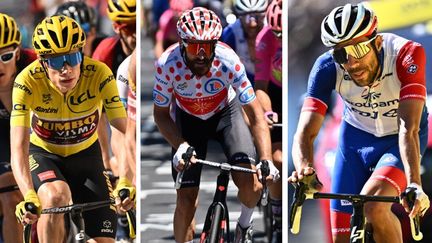 Jonas Vingegaard, Simon Geschke et Thibaut Pinot sur le Tour de France 2022. (MARCO BERTORELLO / AFP - DAVID STOCKMAN / BELGA VIA AFP - Anne-Christine POUJOULAT / AFP)