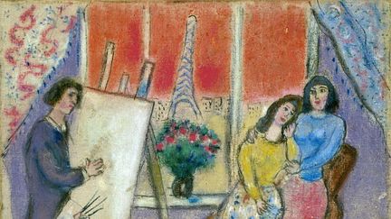 Marc Chagall. Le Peintre, Ida et Bella ou Le Peintre et sa famille, 1928-1929. Pastel sur toile. Collection particulière . (© Adagp, Paris, 20202021)