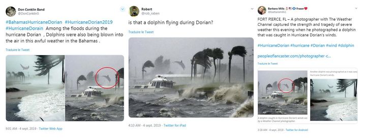 Captures d'écran de tweets partageant une fausse photo au sujet de l'ouragan Dorian. (CAPTURE D'ÉCRAN TWITTER)