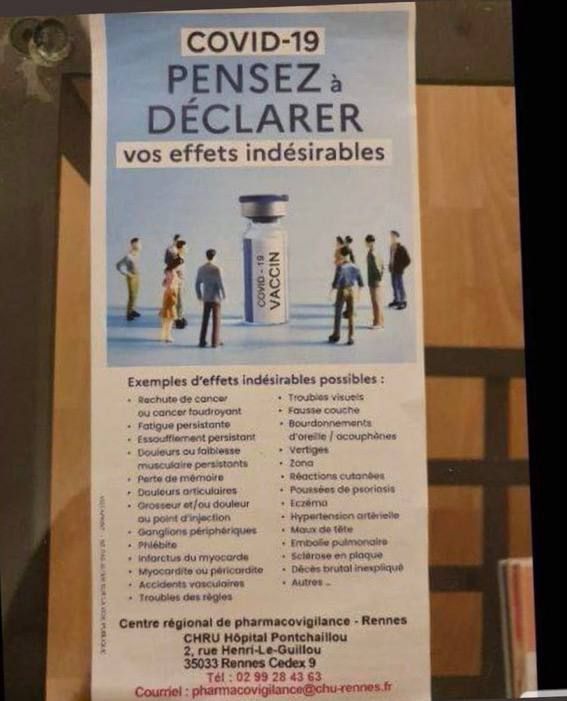 Cette affiche, partagée sur les réseaux sociaux, liste les effets indésirables provoqués par le vaccin contre le Covid-19 et présenté comme venant du CHU de Rennes. C'est faux ! (CAPTURE ECRAN - FAUSSE AFFICHE SUR TWITTER)