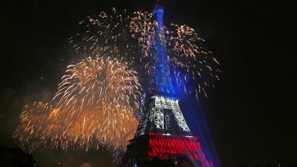 Le traditionnel feu d'artifices du 14-Juillet est tir&eacute; depuis la Tour Eiffel &agrave; Paris, le 14 juillet 2014. (BENOIT TESSIER / REUTERS)