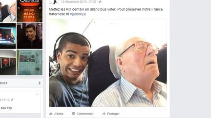 Jean-Marie Le Pen attaque le danseur Brahim Zaibat pour ce selfie pris dans un avion, selon l'hebdomaire "Public (BRAHIM ZAIBAT)