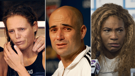 Laure Manaudou (&agrave; gauche), Andr&eacute; Agassi (au centre) et Serena Williams. (MARTIN BUREAU / JAMIE SQUIRE / GETTY IMAGES NORTH AMERICA / FRED DUFOUR / AFP / MONTAGE FRANCETV INFO)