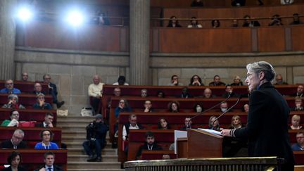 La Pemière ministre Elisabeth Borne, en décembre dernier, lors de l'ouverture de la convention citoyenne sur la fin de vie réunie au sein du conseil économique, social, et environnemental. (ALAIN JOCARD / POOL / AFP POOL)