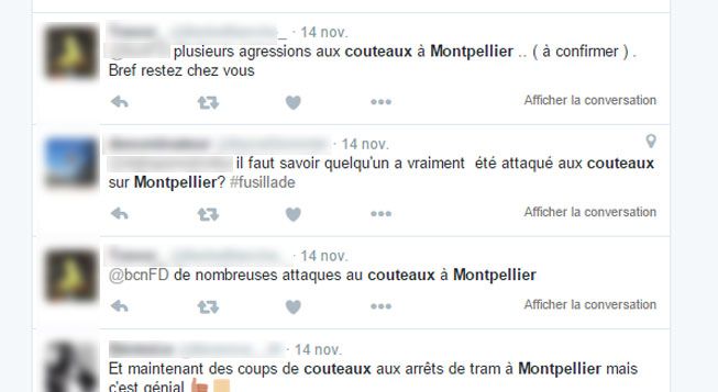 &nbsp; (De nombreux utilisateurs de Twitter évoquent des agressions au couteau à Montpellier © Capture d'écran Twitter)