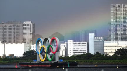 Les anneaux olympiques lors de la compétition de triathlon individuel féminin lors des Jeux olympiques de Tokyo 2021 au parc marin d'Odaiba à Tokyo, le 27 juillet 2021. (CHARLY TRIBALLEAU / AFP)