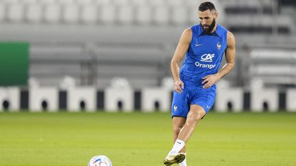 Karim Benzema, à l'entraînement au Qatar le 19 novembre 2022. (AYMAN AREF / AFP)