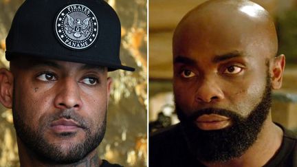 À gauche : Booba le 13 janvier 2017 à Libreville, au Gabon. À droite : Kaaris dans le film "Braqueurs" de Julien Leclercq (2016)
 (Gabriel Bouys  pour Booba / Labyrinthe Films - SND Films - Collection ChristopheL pour Kaaris / AFP)