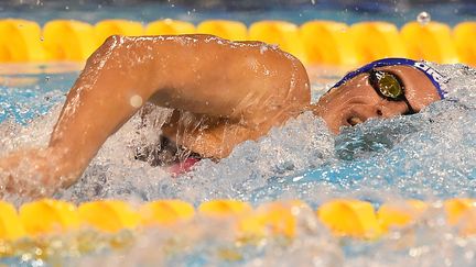 La Française Charlotte Bonnet aux séries du 100 m nage libre dames, lors des&nbsp;championnats de France à Montpellier, le 3 avril 2016. (PASCAL GUYOT / AFP)