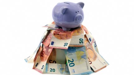 Une tirelire en forme de cochon sur une montagne de billets de banque. Photo d'illustration. (RICHARD VILLALON / MAXPPP)