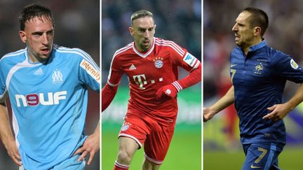 Franck Ribéry avec les maillots de l'OM, du Bayern, et de l'équipe de France. (AFP)