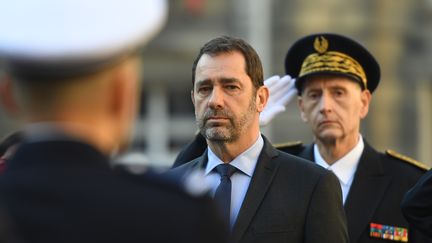 Le ministre de l'Intérieur Christophe Castaner, pendant la cérémonie d'installation du nouveau préfet de police de Paris, Didier Lallement, le 21 mars 2019. (CHRISTOPHE ARCHAMBAULT / AFP)