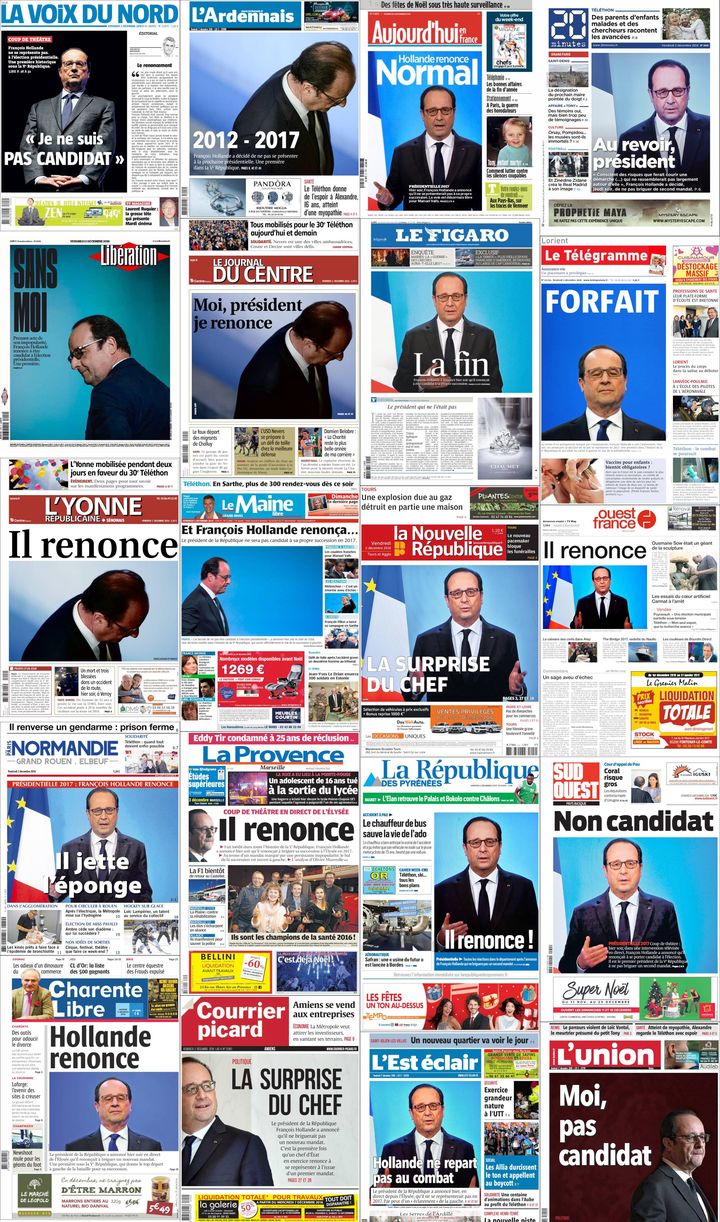 Montage des unes de la presse datées du 2 décembre 2016 après le&nbsp;renoncement de François Hollande pour la présidentielle 2017. (DR)