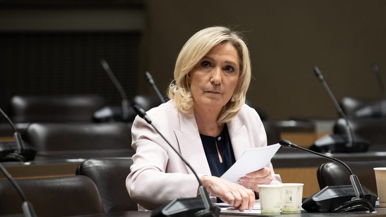 The president of the RN group in the National Assembly, Marine Le Pen, during her hearing of the committee on external interference, May 24, 2023 (ALEXIS SCIARD / MAXPPP)