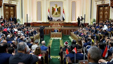 Le président égyptien Abdel Fattah al-Sissi prononce un discours devant le Parlement à l'issue de sa prestation de serment pour son second mandat, le 2 juin 2018. (AFP / EGYPTIAN PRESIDENCY)