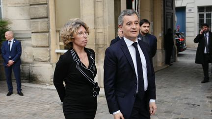 Le ministre de l'Intérieur, Gérald Darmanin, et la ministre déléguées chargée des Outre-mer, Marie Guévenoux, à Paris, le 9 février 2024. (DIMITAR DILKOFF / AFP)