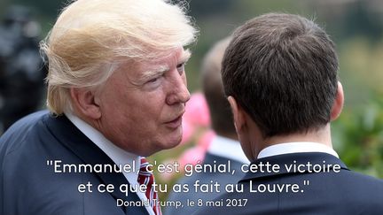 Donald Trump chuchote à l'oreille d'Emmanuel Macron, le 26 mai 2017 à Taormina, en Sicile (Italie). Il l'avait félicité quelques semaines auparavant pour sa victoire, selon "Le Monde". (STEPHANE DE SAKUTIN / AFP)