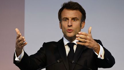 Emmanuel Macron lors d'une conférence de presse à la COP27, le 7 novembre 2022, à&nbsp;Charm el-Cheikh (Egypte). (LUDOVIC MARIN / AFP)