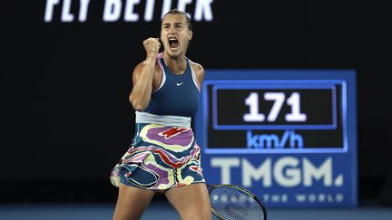 Aryna Sabalenka lors de la finale de l'Open d'Australie, le 28 janvier 2023. (DAVID GRAY / AFP)