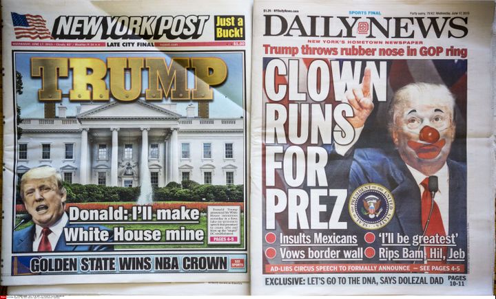 Les unes du "New York Post" et du&nbsp;"New York Daily News", les deux tabloïds new-yorkais, le 17 juin 2015, au lendemain de la déclaration de candidature de Donald Trump. (RICHARD B. LEVINE /NEWSCOM / SIPA)