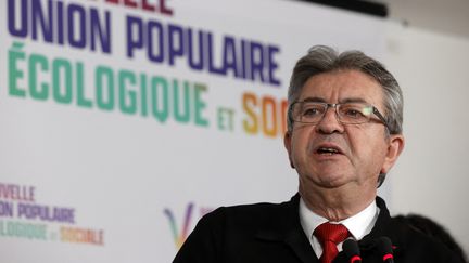 Le chef de file de La France insoumise, Jean-Luc Mélenchon, lors d'une conférence de presse&nbsp;sur les propositions économiques de la Nouvelle Union populaire écologique et sociale (Nupes), à Paris, le 7 juin 2022. (GEOFFROY VAN DER HASSELT / AFP)